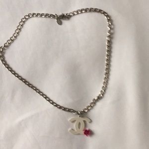 CHANEL white logo necklace w fuchsia flower!